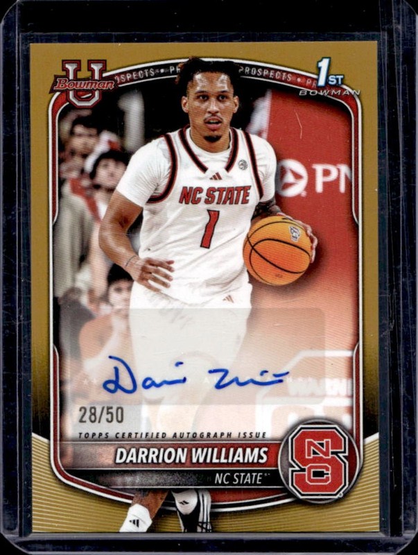 2025-26 Bowman Darrion Williams Paper Retail Auto Gold Border 1st #/50 Wolfpack