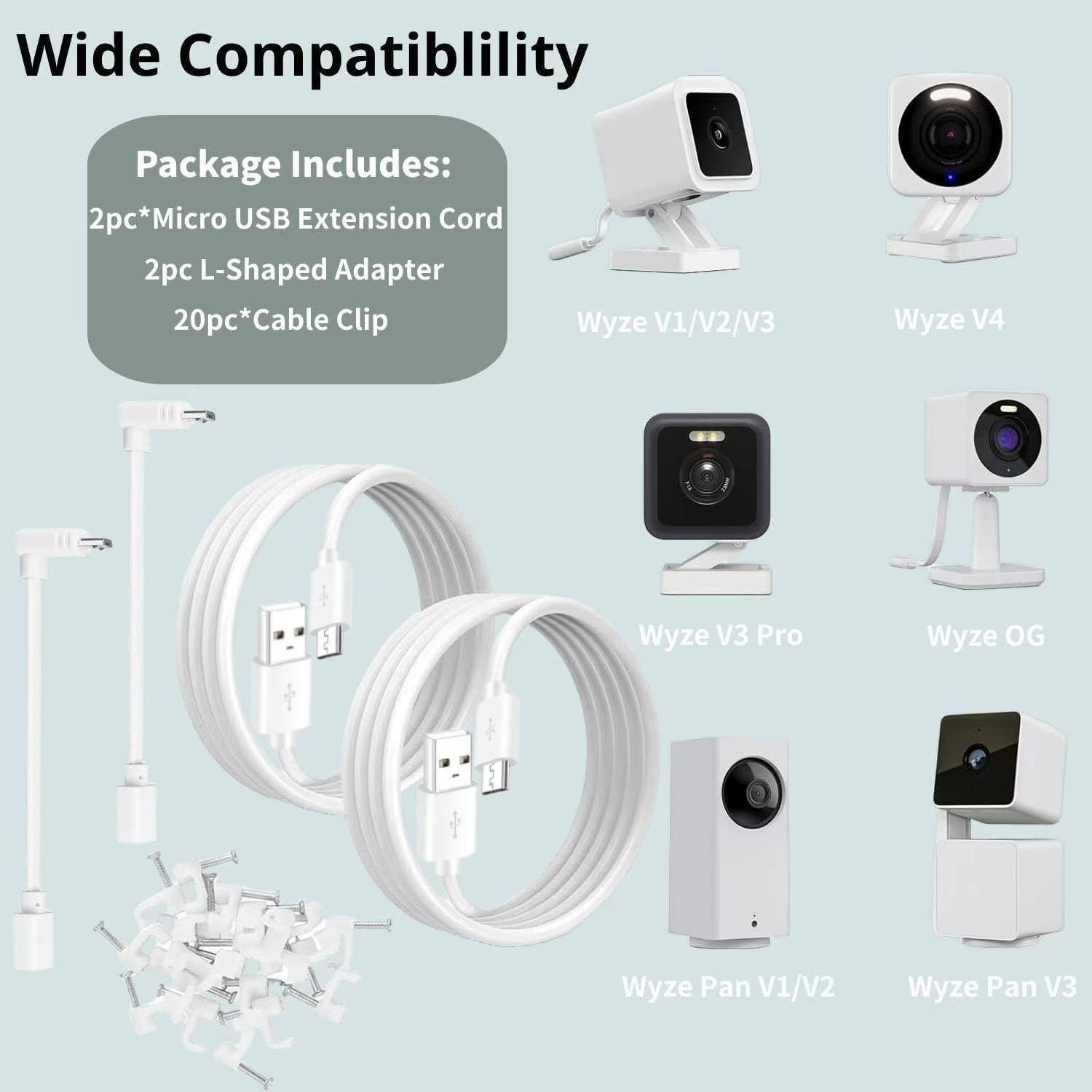 Micro USB Camera Extension Cable for Wyze, [2-Pack, 30Ft] Power Extension Cord f