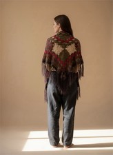 Boho Crochet Women  s Shawl OS Brown Fringe Triangle Wrap Festival Cottagecore