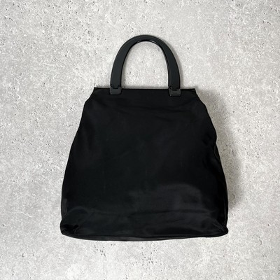 Prada Nylon Tote Bag Black Plastic Handle Trangle Logo Used