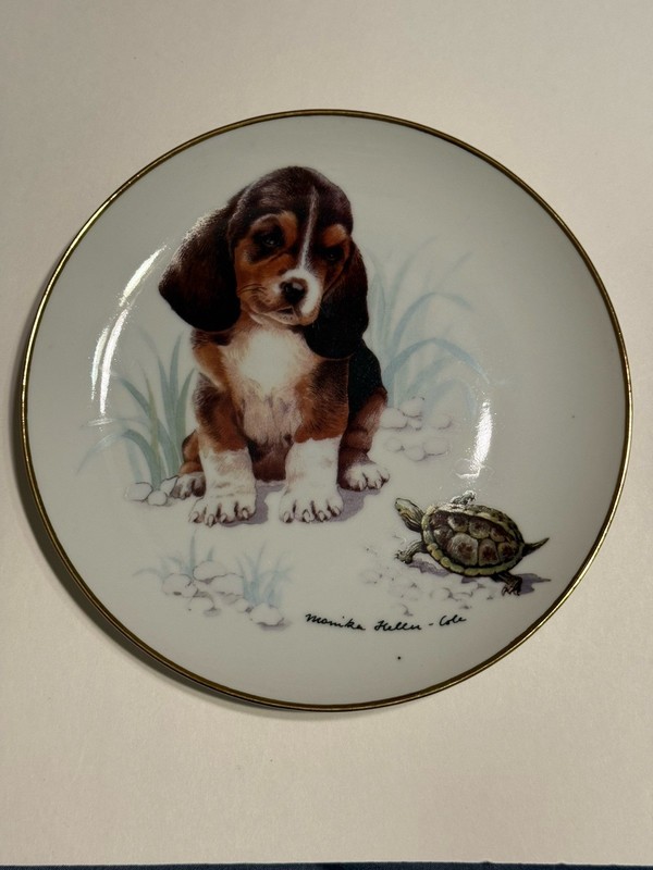 Rare Antique Puppy And Turtle Playing Ceramic Plate, Wiley’s Custom Ceramic