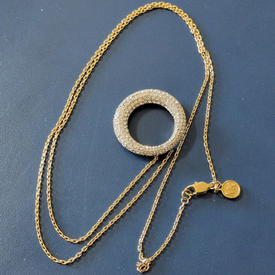 Michael Kors Gold Tone Crystal Round Pendant Necklace Pavé Cable Chain