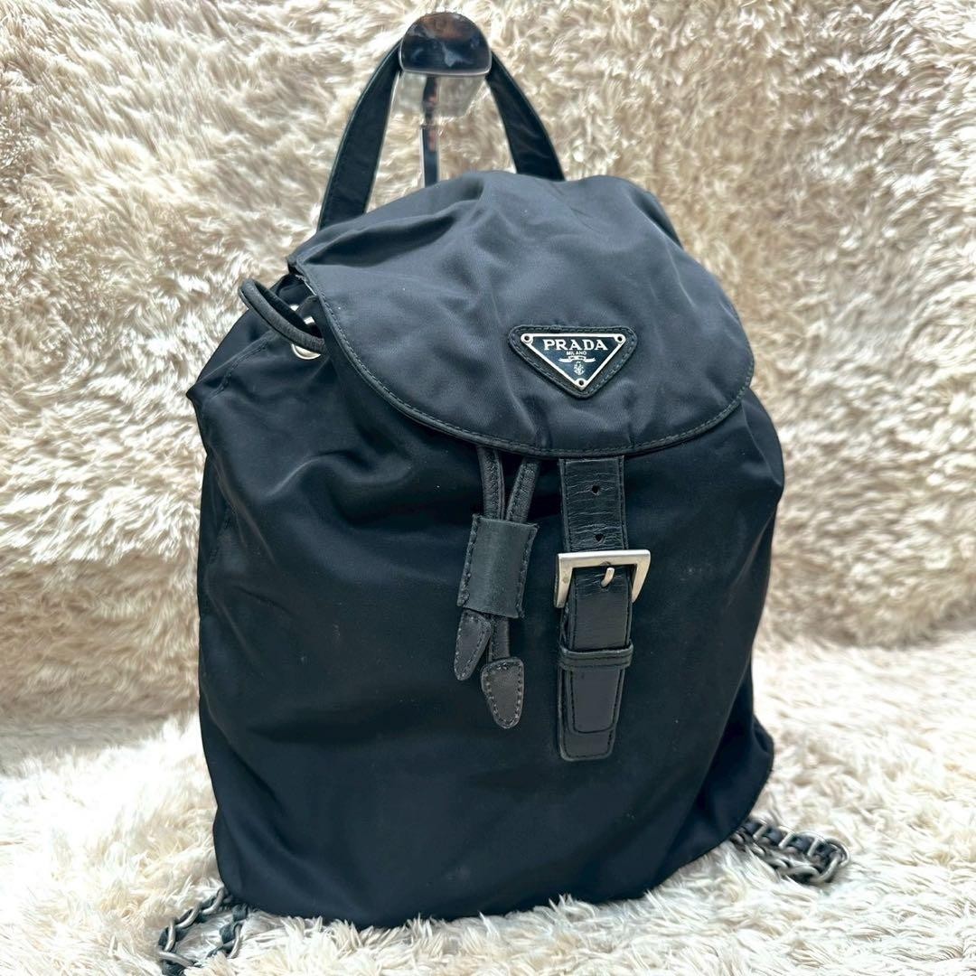 PRADA Backpack Black Nylon Triangular Logo Chain … - image 1