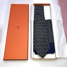 Hermes Silk Tie & Pocket Square Set Navy Horsebit Design