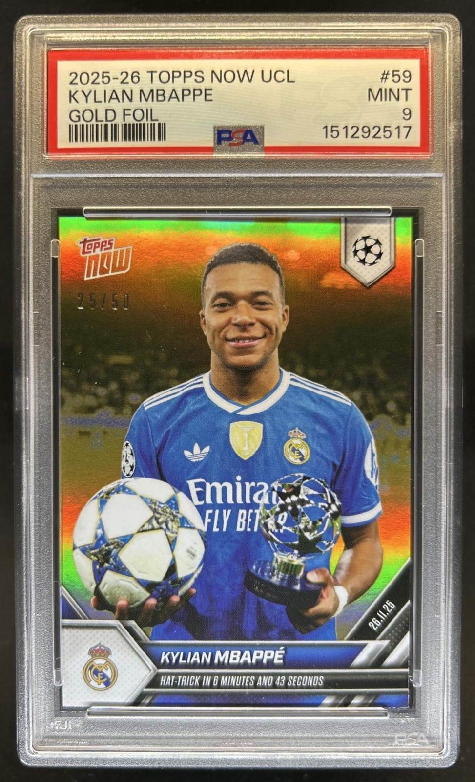 2025-26 Topps Now UCL Kylian Mbappe Gold Foil #/50 PSA 9