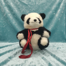 Vintage Real Mink Fur Panda Bear Teddy, Red Ribbon, 1970s Toy