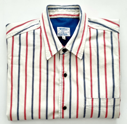 Replay, REPLAY 90s large STRIPED IVORY CHORE SHIRT Italy vintage WORKWEAR superb