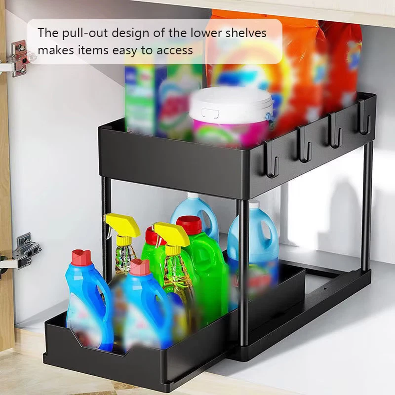 Kitchen Shelf Pull Out Organiser Sliding Cabinet Basket Organizer with Hooks 2