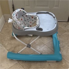 Baby Walker with Tray, Patterned Seat, Blue Gray White Base