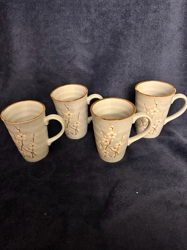 Vtg KAFUH Pottery Cherry Blossom Stoneware Set of 4 MUG 4.75” Tall 10 oz JAPAN