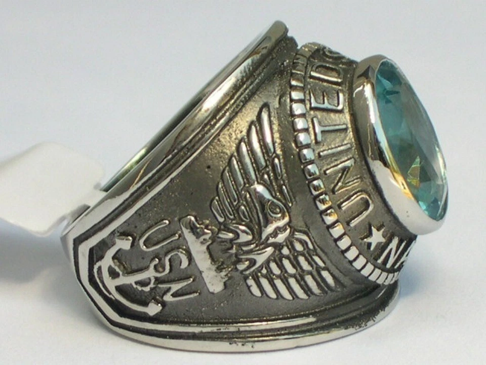 United States Navy Military Aqua March Birthstone Stainless Steel Men Ring 7-14 - Image 3 of 4