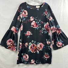 EVERLY Dress Women Small Floral Shift Dark Gray Bell Sleeve Back Zip Lined