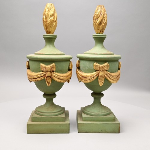 Decorative Pair of Wooden Light Green and Gold painted Architectural finials