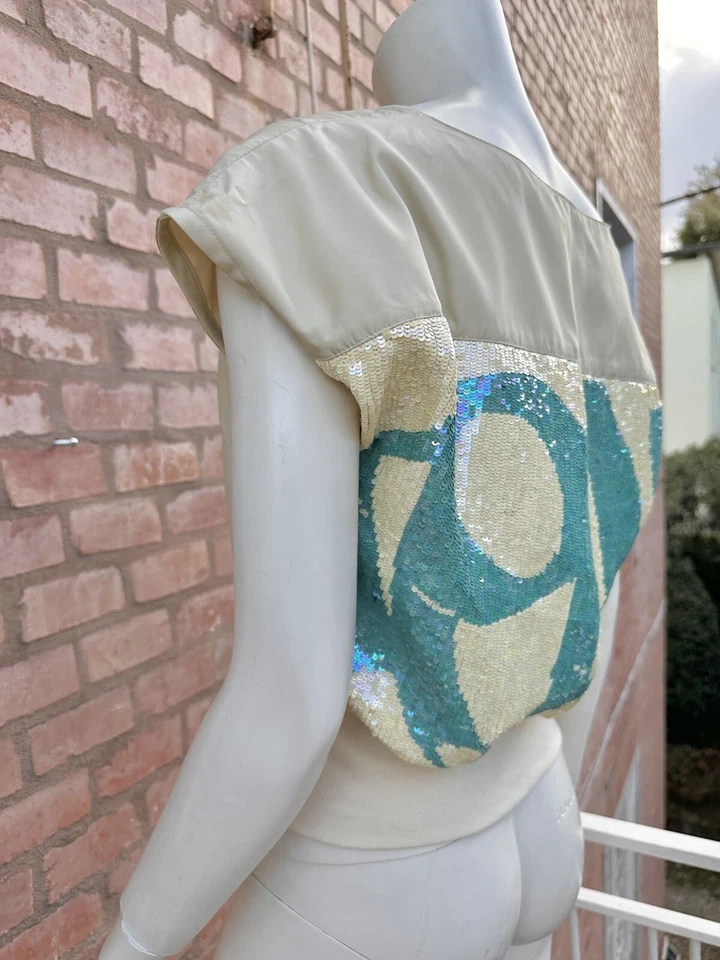 Blusa Top Pasarela Custo Barcelona Panel Lentejuelas Futuro 3D Beige Turquesa 38-S Foto 2 de 4