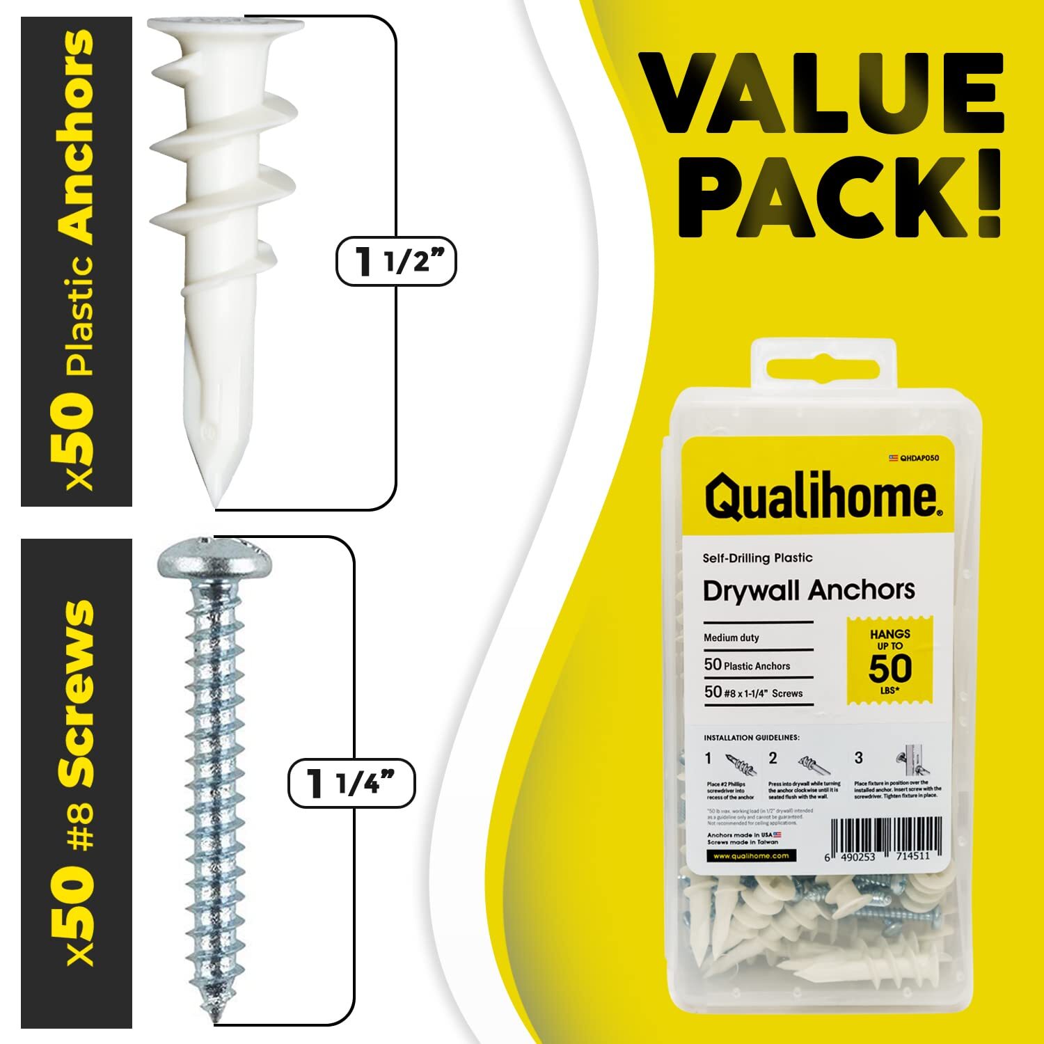 Qualihome Heavy Duty Plastic Self Drilling Drywall Anchors and Screws