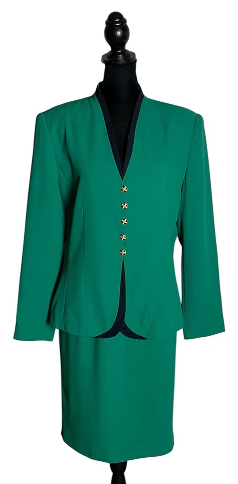 Conjunto de traje falda blazer LeSuit para mujer talla 10 verde negro forrado manga larga Foto 2 de 4