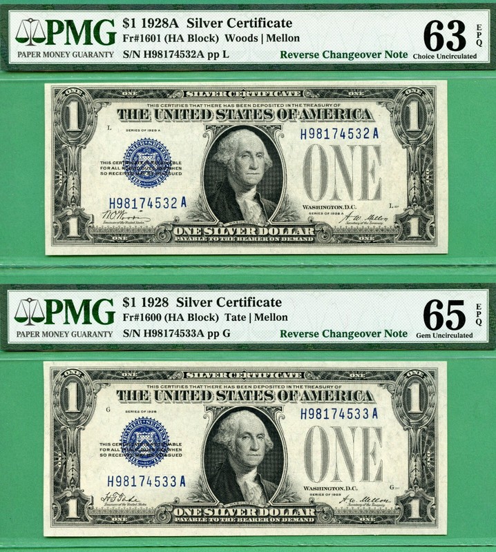 REVERSE CHANGEOVER PAIR - 1928A to 1928 $1 SC - PMG CU 63 EPQ & GEM 65 EPQ