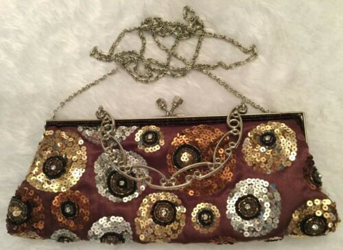 Vintage Retro Geometric Sequin Beaded Shoulder Bag Brown Metal Frame Chain  - Picture 1 of 9