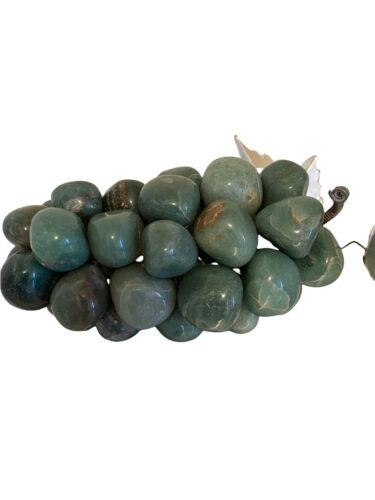 Vintage Handcrafted Green Agate stone Grapes With Silverish Leaf, 6” x 2.75”
