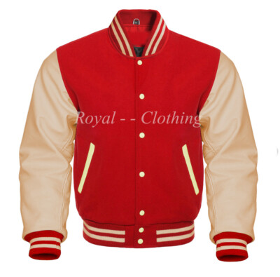 Baseball Varsity Letterman Bomber Red  Wool & Genuine Cream Leather Sleeves