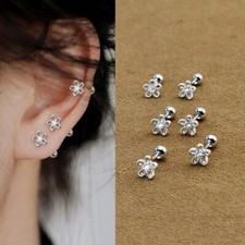Small Silver Flower Screw Back Stud Earrings Women's Dainty Jewelry Gift