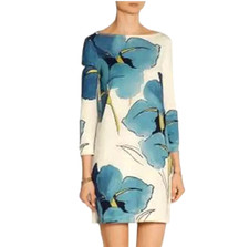 Tory Burch Blue Iris Floral Pima Cotton Shift Dress Cream Boat Neck Size L