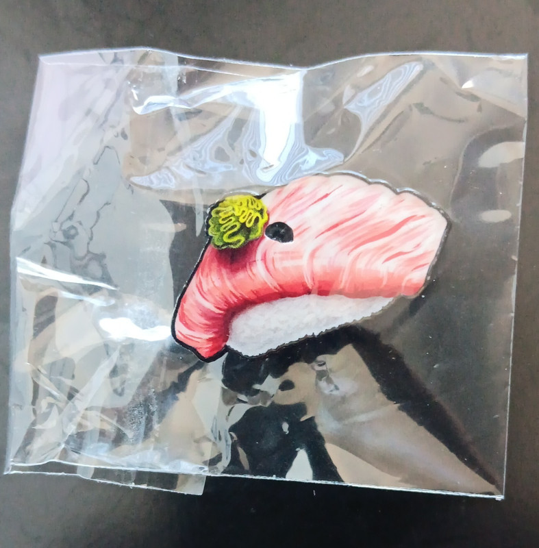 Green Dot Labs Otoro Pin.  Pink & White Sushi Nigiri Enamel Pin