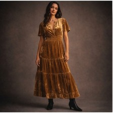 Anthropologie Velvet Maxi Dress Large Champagne Gold Whimsigoth Gothic Romantic