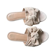 Tory Burch Annabelle Bow Accent Slides Beige Suede Sandal Twist Knot Flat 9.5