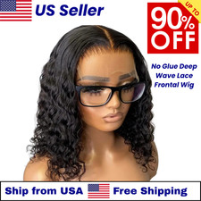 No Glue Deep Wave Lace Front Wig Bob Curly Human Black Hair Fashion Wear Gift