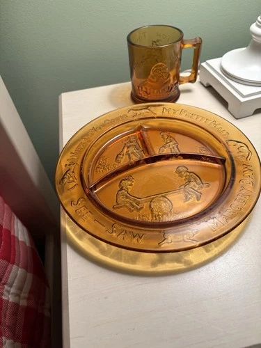 See Saw Margery Daw Nursery Rhymes Childrens Divided Plate And Cup Amber Glass