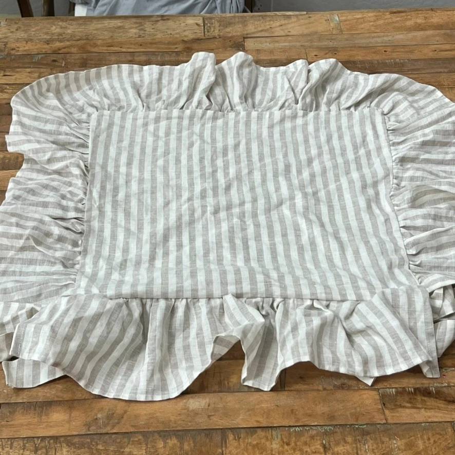 The White Linen Farmhouse Chair Cover Ruffled Striped White & Tan French Linen - Image 2 of 4