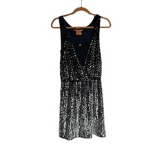 Tory Burch Black & Silver Sequin V Neck Sleeveless Silk Mini Dress Size XS