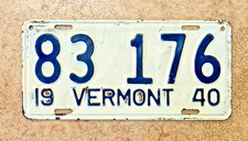 1940 VERMONT license plate &mdash; ORIGINAL &mdash; TERRIFIC SUPER antique vintage car tag