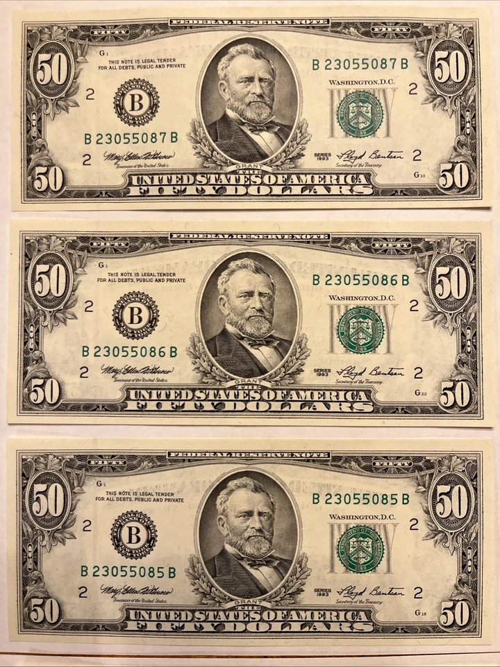 Lot 6 $50 1993 Consecutive Serial# CU Note Run 23055082-23055087 Grant $300 Face - Image 4 of 4