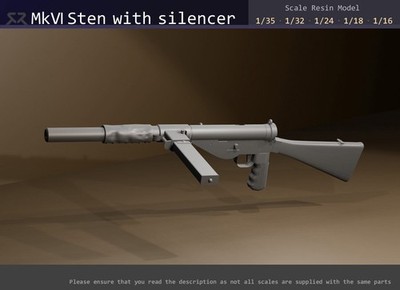 Sten MkVI (MK6) mit Schalldämpfer - 1/35, 1/32, 1/24, 1/18, 1/16 Resinmodell