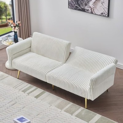 White Modern 79-Inch Comfy Corduroy Sofa Futon Bed And Pillows With Gold Legs