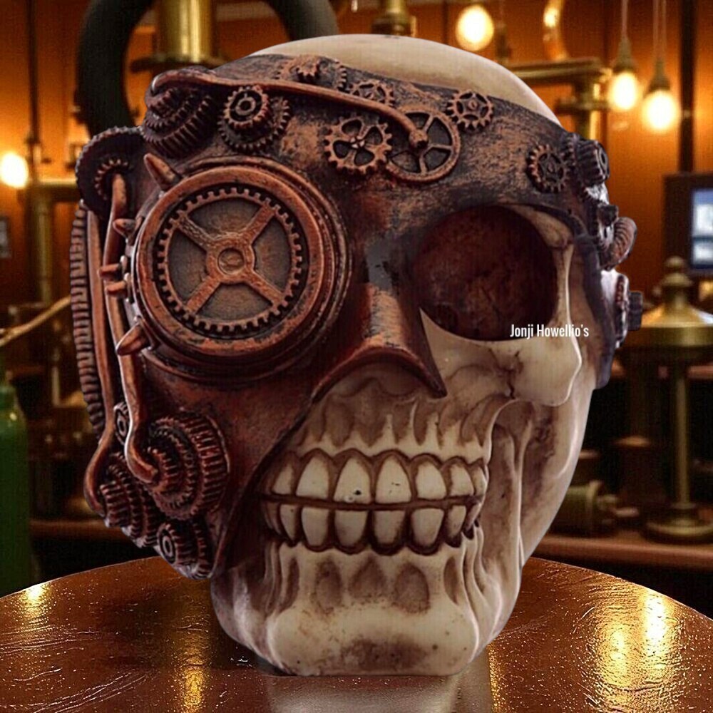Steampunk Skull Gothic Ornament Industrial Head Sculpture Cogs Gears Rivets Home