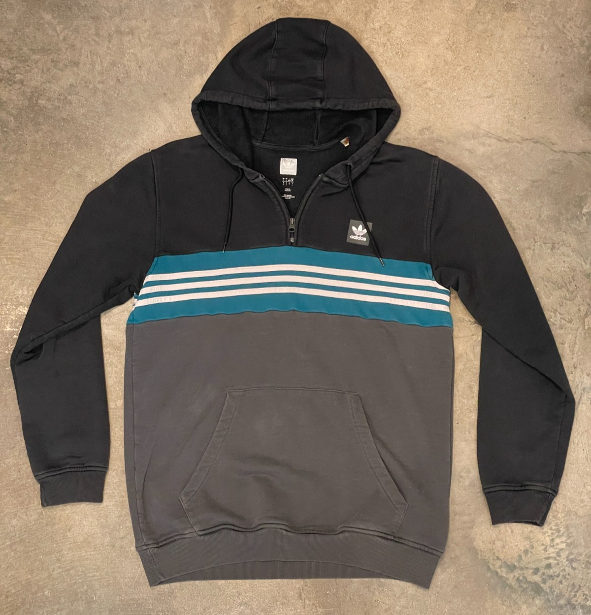 Adidas Trefoil Hoodie Jacket Mens L Black Blue Colorblock 3 Stripe 1/4 Zip Y2K