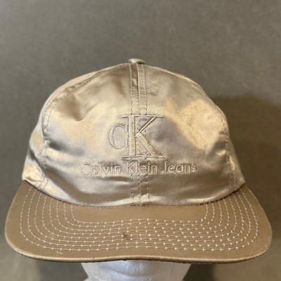 Vintage Calvin Klein Jeans Satin Snapback Hat Gold cK Logo Made in USA 90s Cap