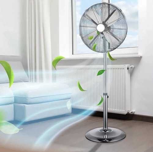 Pedestal Floor Fan Chrome Metal Oscillating Electric 3-Speed 16 Inch No Sound.