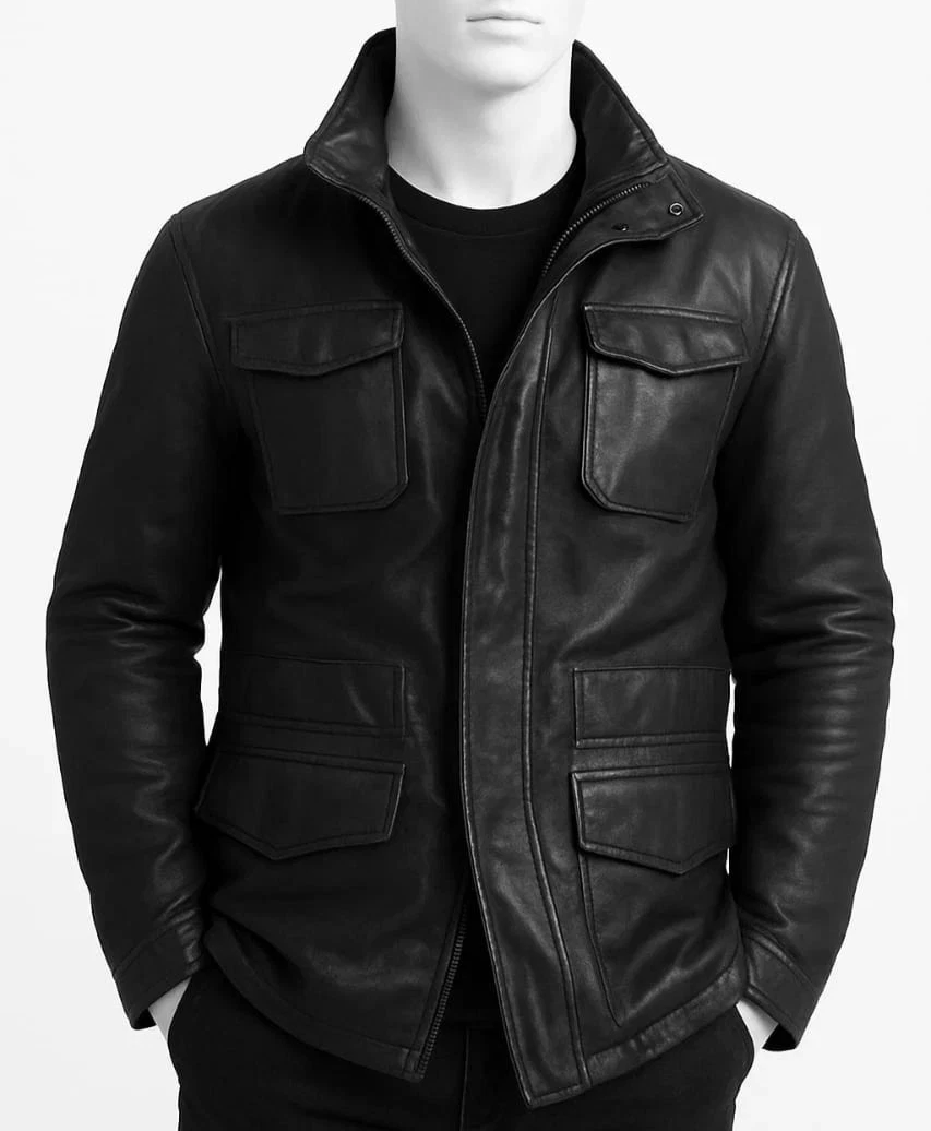 Men's Leather Coat M65 Field Black Genuine Lambskin Military Style Field Jacket