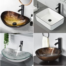 Bathroom Sink Basin Hand Wash Counter Top Oval Glass Bowl Pop up Tap Waste Set