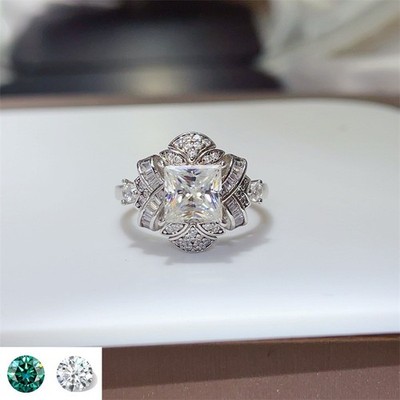 2CT Princess Cut D/Green Moissanite Engagement Wedding Ring 925 Sterling Silver