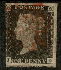 GB  QV 1840 Penny  , (JD) , 3 huge   Margins  FINE Used red Malt.Cross Cancel