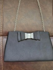 Charming Charlie Black Satin Clutch Purse With Silver Chain Strap Crystal Bow