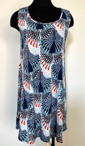 SJS A-Linie Kleid Damen groß strukturiert abstrakt Stern Burst Muster rot weiß blau