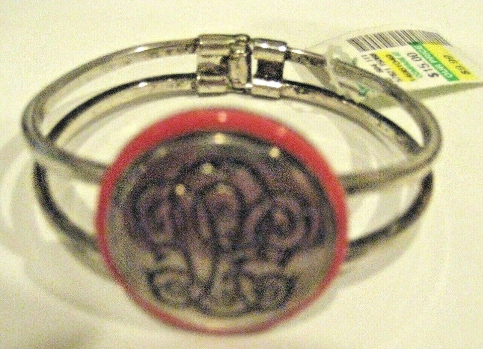 NWT Silver Bangle OPENING CUFF BRACELET Coral Pink Scroll HINGED Easy