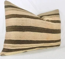 Decorative Handmade Turkish Kilim Lumbar Pillow Cover 16x24 Brown&Beige Stripes