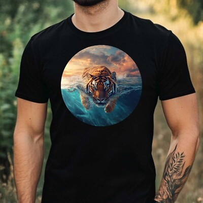 Herren T-Shirt Tiger schwimmt im Meer Motiv Baumwolle Größe XS bis 5XL